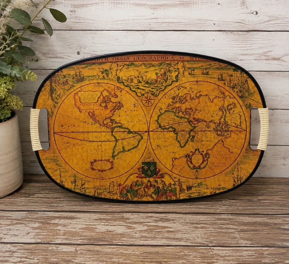 Vintage Old World Map Globe Serving Tray Made in Japan Oval Bar Serving Tray